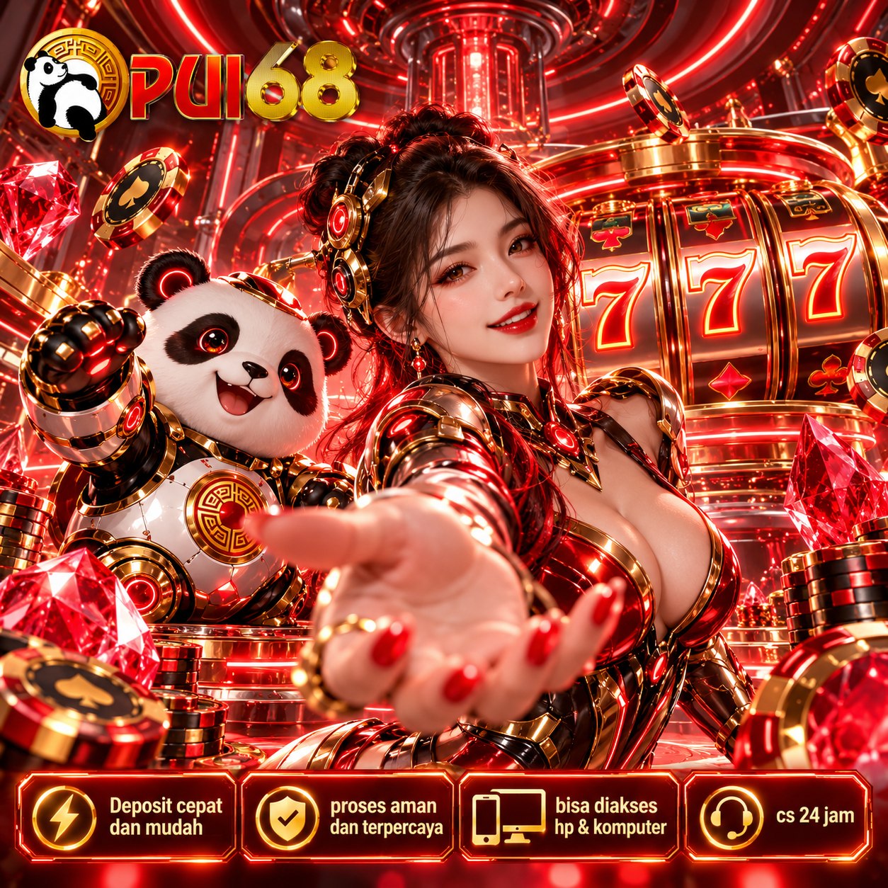 Poster PUI68 dengan tokoh berbusana emas, kipas, dan ilustrasi game pada ponsel