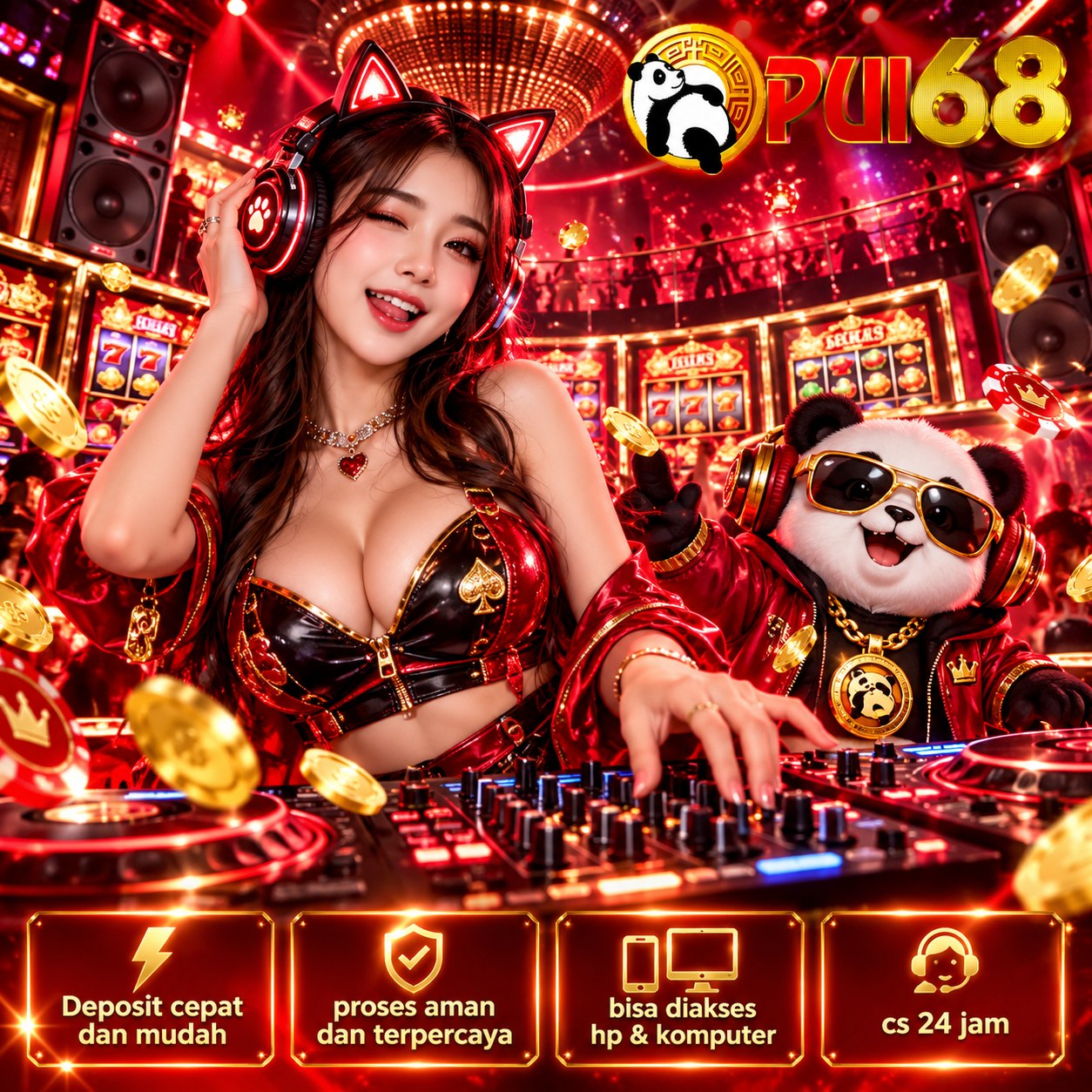 Poster PUI68 dengan tokoh berambut abu-abu, layar game, dan efek petir
